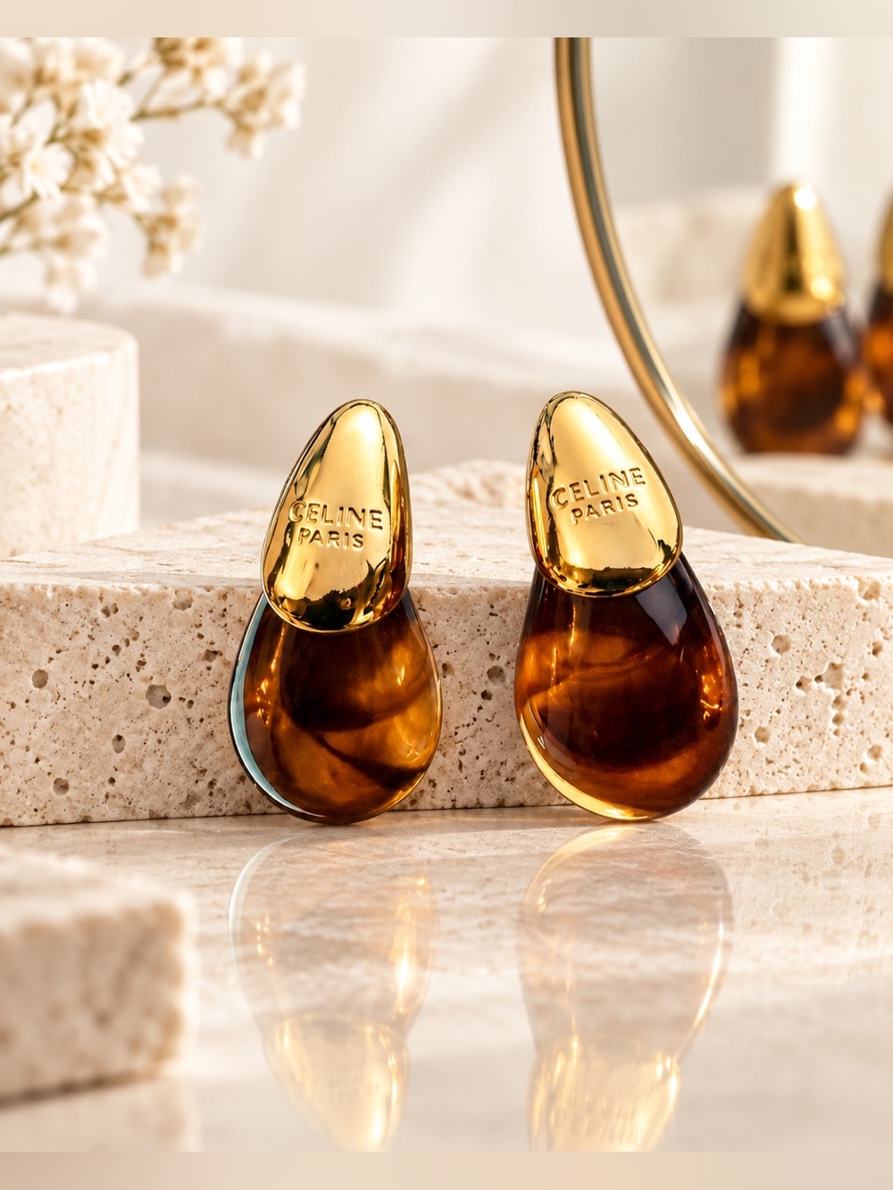 Brown Amber Teardrop Earrings Gold Tone Statement Drop Earrings